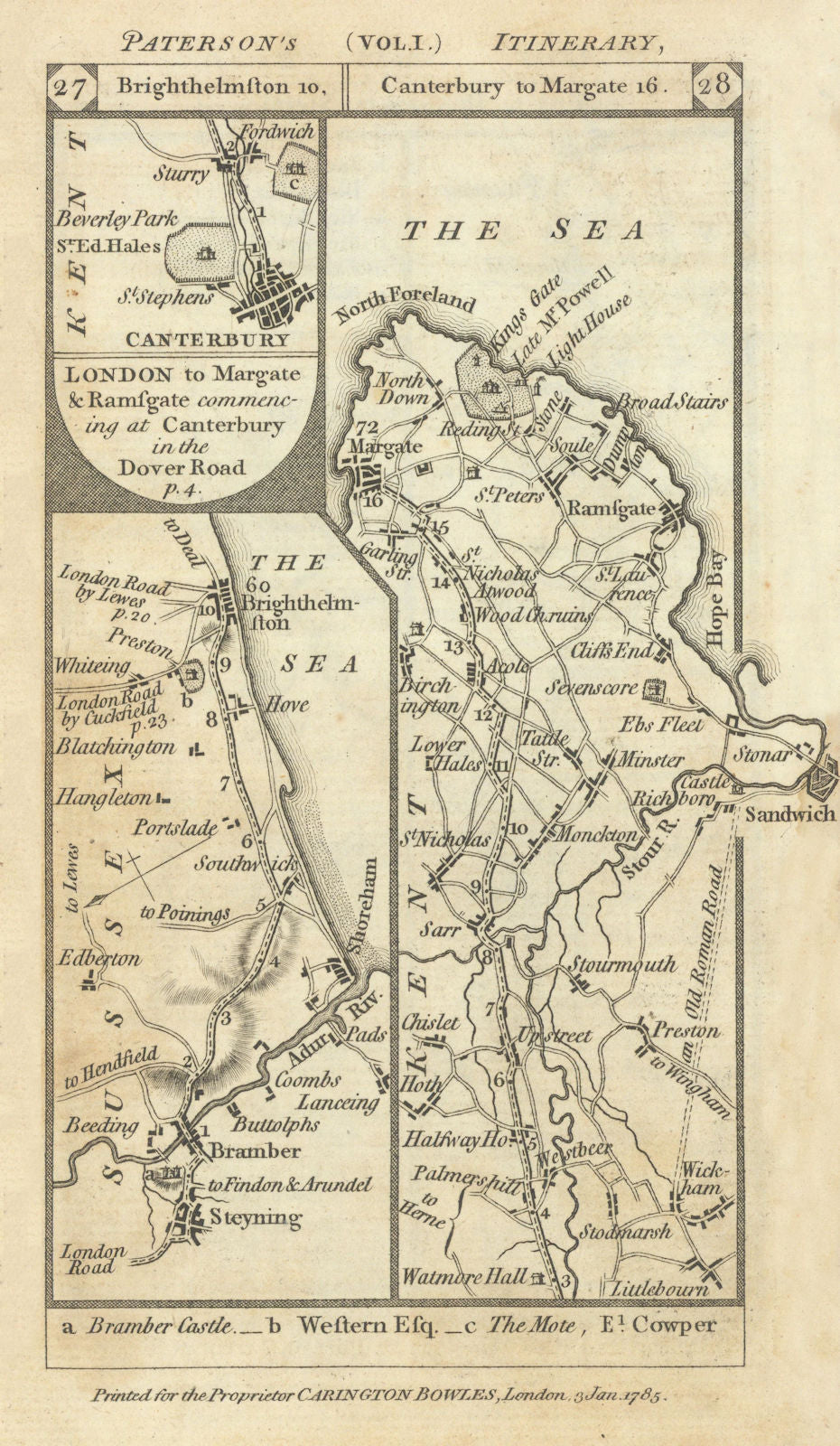 Steyning-Brighton. Canterbury-Ramsgate-Margate road strip map PATERSON 1785